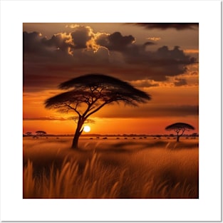 African Savannah Sunset Posters and Art